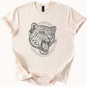 Roaring Leopard Graphic Tee Black and White Pen and Ink Illustration